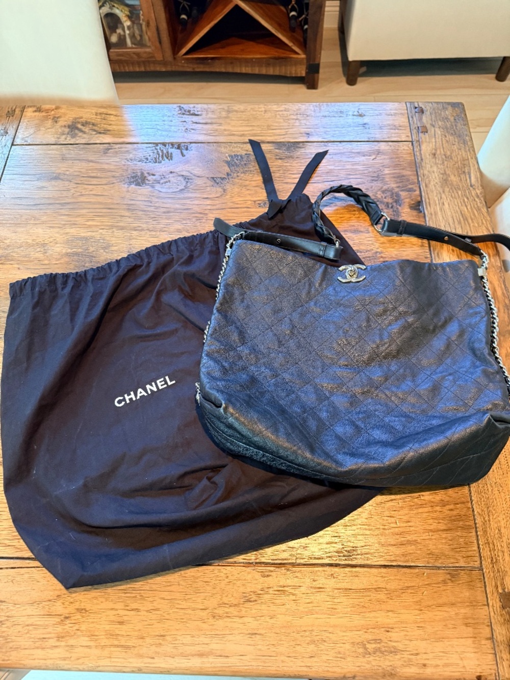Chanel Black Quilted Caviar Leather Braided Handle Large Hobo Bag